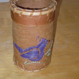 Birch Bark Porcupine Quill Basket Canister Jar Handmade Bird NW Territories VTG